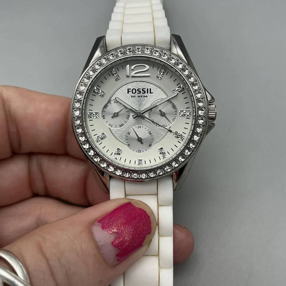 Fossil Womens Watch 38mm White Dial Silicone Crystal Bezel Multi Dial ES3244